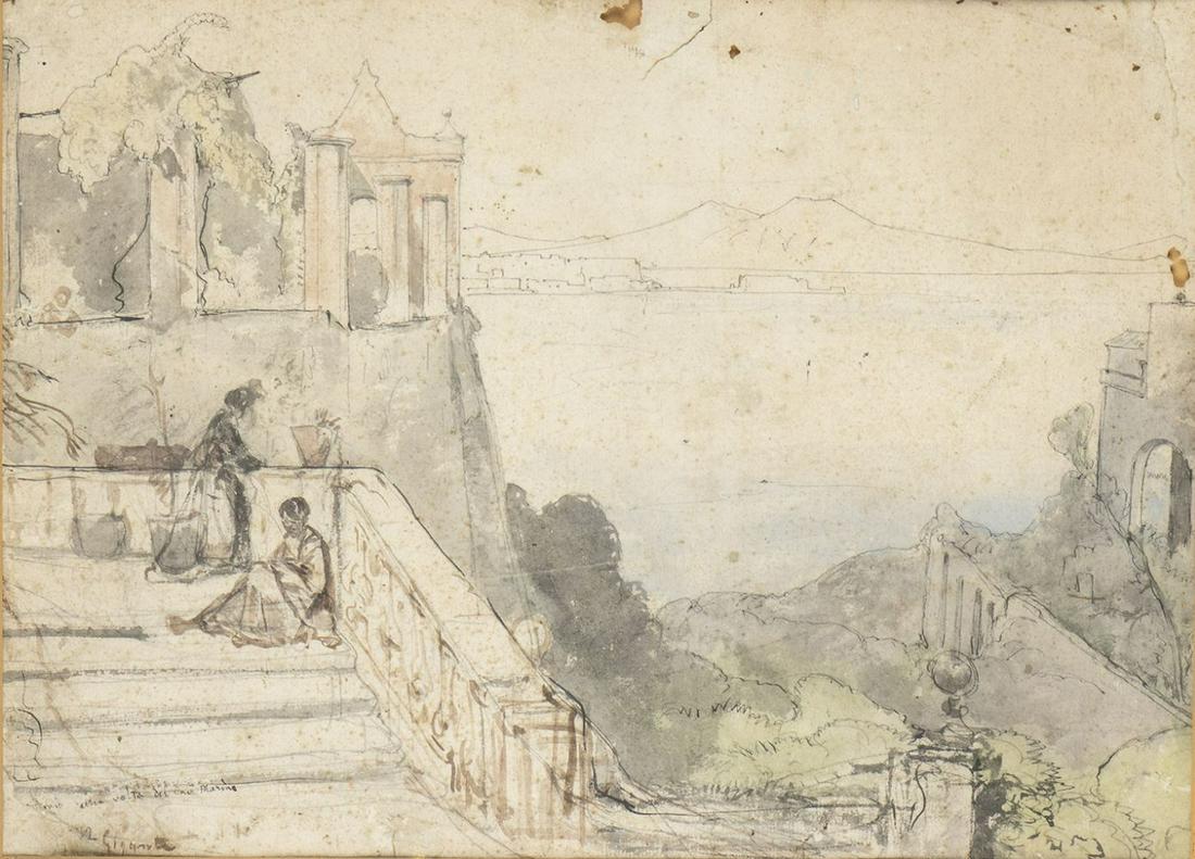 GIACINTO GIGANTE (Naples, 1806 - 1876): Napolitan landscape with various figures: GIACINTO GIGANTE (Naples, 1806 - 1876) Napolitan landscape with various figures Pencil and watercolor on paper, 31,5 x 42 cm Signed lower left: G. Gigante Fair conditions, framed with glass; various r