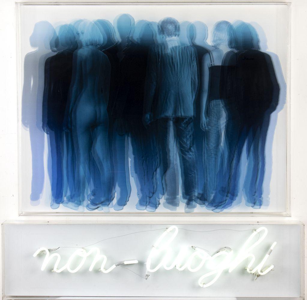 VINCENZO CECCATO (1943 - 2021): Non-luoghi (sezioni spazio), 2013: VINCENZO CECCATO (1943 - 2021) Non-luoghi (sezioni spazio), 2013 Screen-printing on canvas, plexiglass and neon, 120 x 100 cm (92x93cm; 26x100 cm) Certificate of authenticity signed by artist's sons E