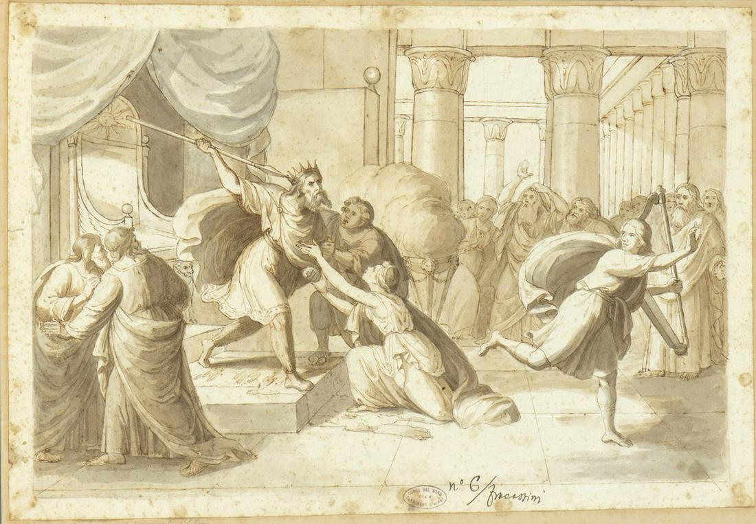 CESARE FRACASSINI (Rome, 1838 - 1868): Saul lashes out at David Pen, ink and watercolour on paper, cm. 25x38,6. Framed The drawing bears a collection mark on the recto, bottom centre: "CONTE DEL BONO / VILLA DI PORPORANO (PARMA)".PROVENANC