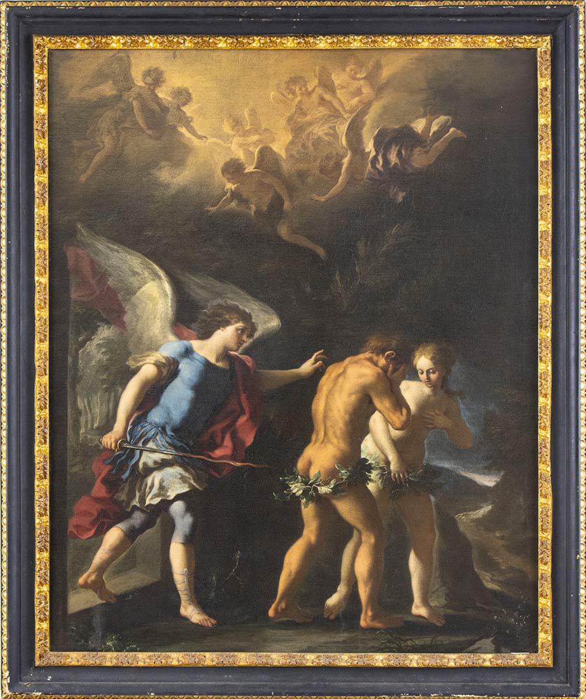 PAOLO DE MATTEIS (Piano Vetrale, 1662 - Neaples, 1728): The banishment of Adam and Eve from Paradise Oil on canvas, cm 104x74. Framed LITERATURE:V. Pacelli in "Paolo de Matteis un cilentano in Europa", cat. of exhibition, Vallo della Lucania, Museo Diocesa