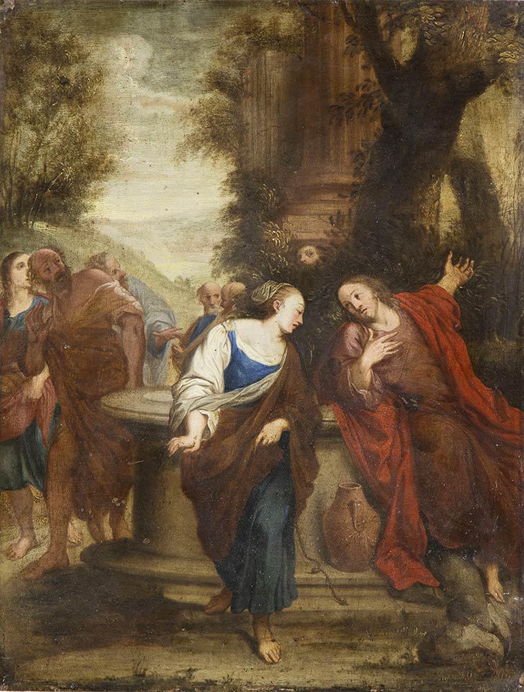 BOLOGNESE ARTIST, 17th CENTURY: Christ and the Samaritan woman at the well Oil on copper, cm. 50,3x38,5. The painting is a beautiful antique replica of the famous painting by Annibale Carracci now in the Szépm?vészeti M