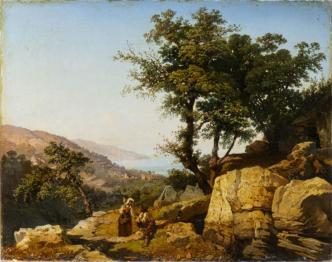 ATTR. GIACINTO GIGANTE (Naples, 1806 - 1876): View of gulf of Naples with peasant and shepherd: ATTR. GIACINTO GIGANTE (Naples, 1806 - 1876) View of gulf of Naples with peasant and shepherd Oil on canvas, 38,5 x 48 cm Good conditions, framed with glass