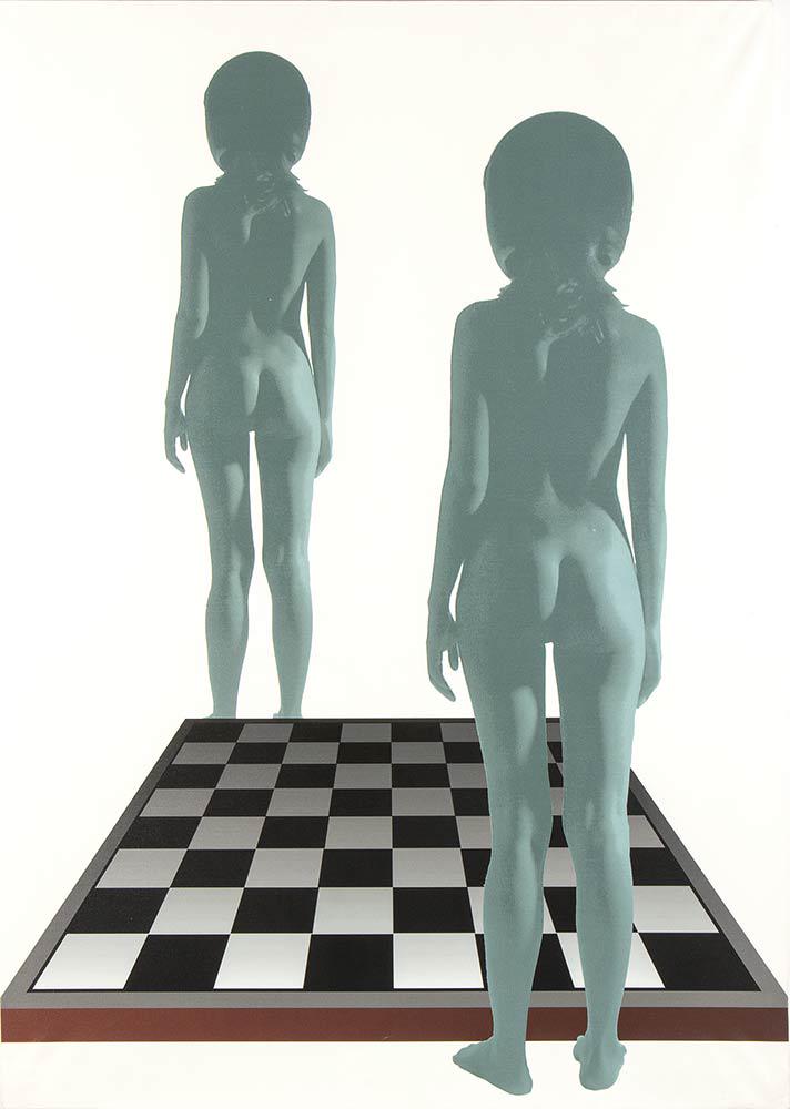 VINCENZO CECCATO (1943 - 2021): Figure specchio scacchi, 2002: VINCENZO CECCATO (1943 - 2021) Figure specchio scacchi, 2002 Plotter painting on canvas, 180 x 125 cm Signed on the back: Vincenzo Ceccato Good conditions