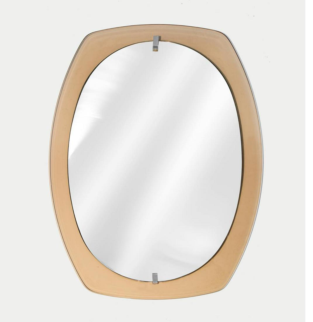 Vintage Veca Mirror: Veca' mirror with caramelised glass frame and nickel-plated brass screw heads.Veca manufacturer's label.