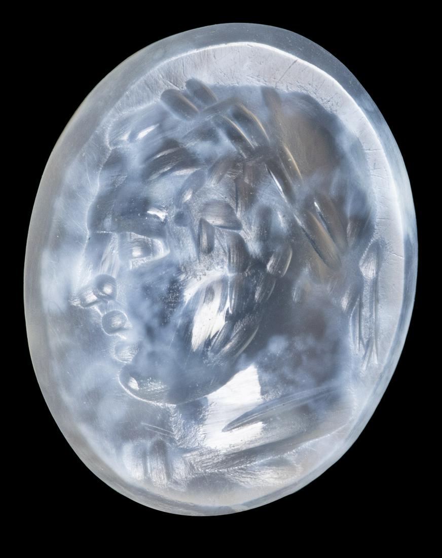 A ROMAN CHALCEDONY INTAGLIO HEAD OF YOUNG  EMPEROR AS HERCULES. (1 of 2)