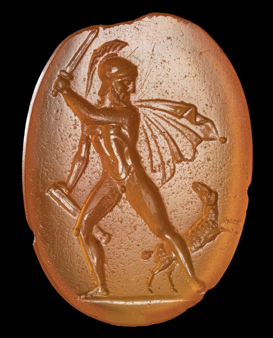 A NEOCLASSICAL CARNELIAN INTAGLIO. AJAX KILLING THE ANIMALS.: A NEOCLASSICAL CARNELIAN INTAGLIO. AJAX KILLING THE ANIMALS.Late 18th- Early 19th century A.D.15x20x4 mmThis scene appears to be a prototype for the Poniatwoski Gems with the same theme. A similar int