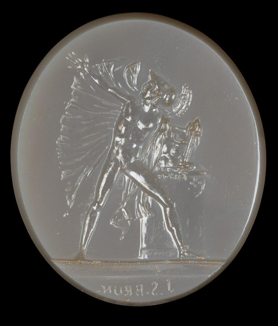 A NEOCLASSICAL CHALCEDONY INTAGLIO SIGNED J.S BRUN (1792-1860 CIRCA). ORESTES IN FURY. (1 of 3)