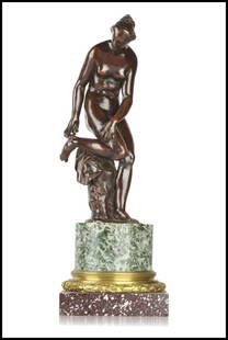 Barthelemy Prieur (Berzieux, 1536- Parigi 1611) Venus pulling a thorn from her foot: Barthelemy Prieur (Berzieux, 1536- Parigi 1611) Venus pulling a thorn from her footBronze, redish patina, traces of darker patinaFine neoclassical setting in mixed marble and gilded bronzeOverall 28,5