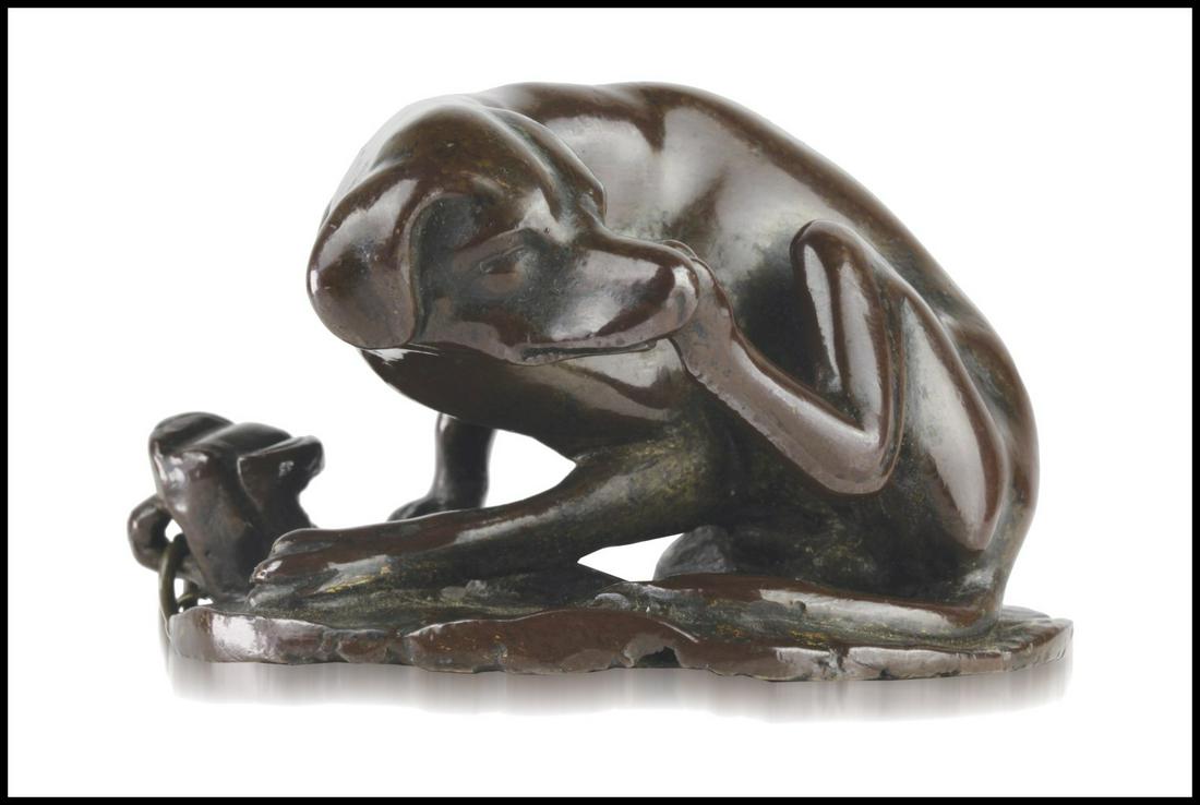 Barthelemy Prieur (Berzieux, 1538- Parigi 1611) (school of) Dog scratching its ear: Barthelemy Prieur (Berzieux, 1538- Parigi 1611) (school of) Dog scratching its earProbably 17th century Full bronze, red patina with traces of dark patina 5,5x10x8,5 cmThis charming bronze depicts a s