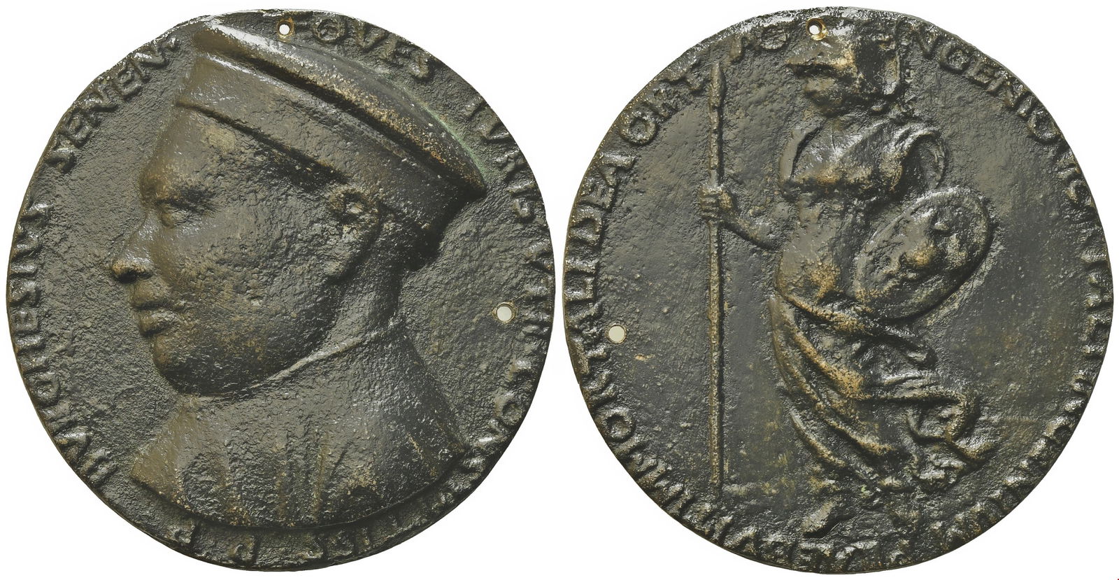 Francesco di Giorgio Martini FRANCESCO DI GIORGIO MARTINI BORGHESE BORGHESI (1414-1490) JURIST OF: Ae cast, mm 61.2, gr. 109, small hole on the right and one at the top above the bustD\ BVRGHENSIS SENES . EQVES IVRIS VTR. CONSVLTISS . P. P. Bust facing left with hat.R\ INGENIOUS MORTAL INGENVM PRAE