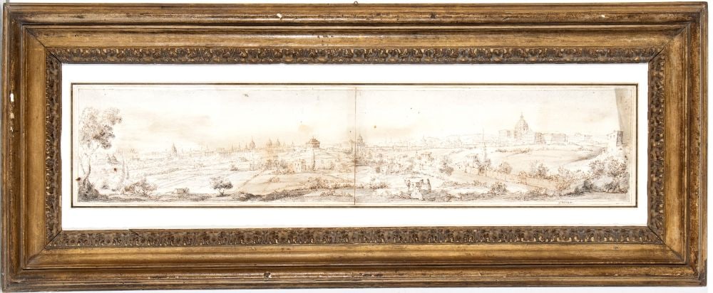Gaspar van Wittel (seguace di) View of Rome from Prati di Castello: Brown ink and grey watercolour on two sheets of laid paper with watermark joined at the centre cm. 16x75.5 approx.Unusual and rare view of Rome seen from Prati di Castello, with Saint Peter's Basilica
