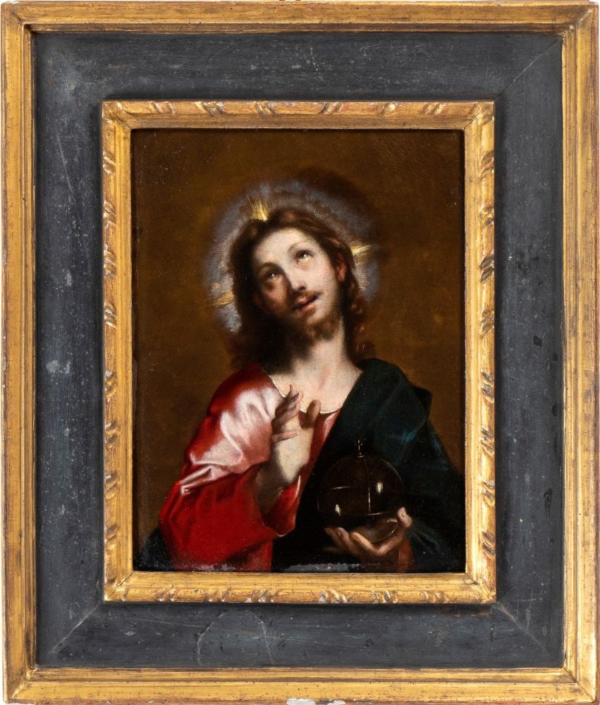 Federico Barocci (ambito di) Salvator Mundi: Oil on canvas cm. 41x30,5. FramedThe painting is accompanied by the expertise of Prof. Arabella Cifani who attributes it to Alessandro Vitali.This remarkable representation of Christ as Salvator Mundi