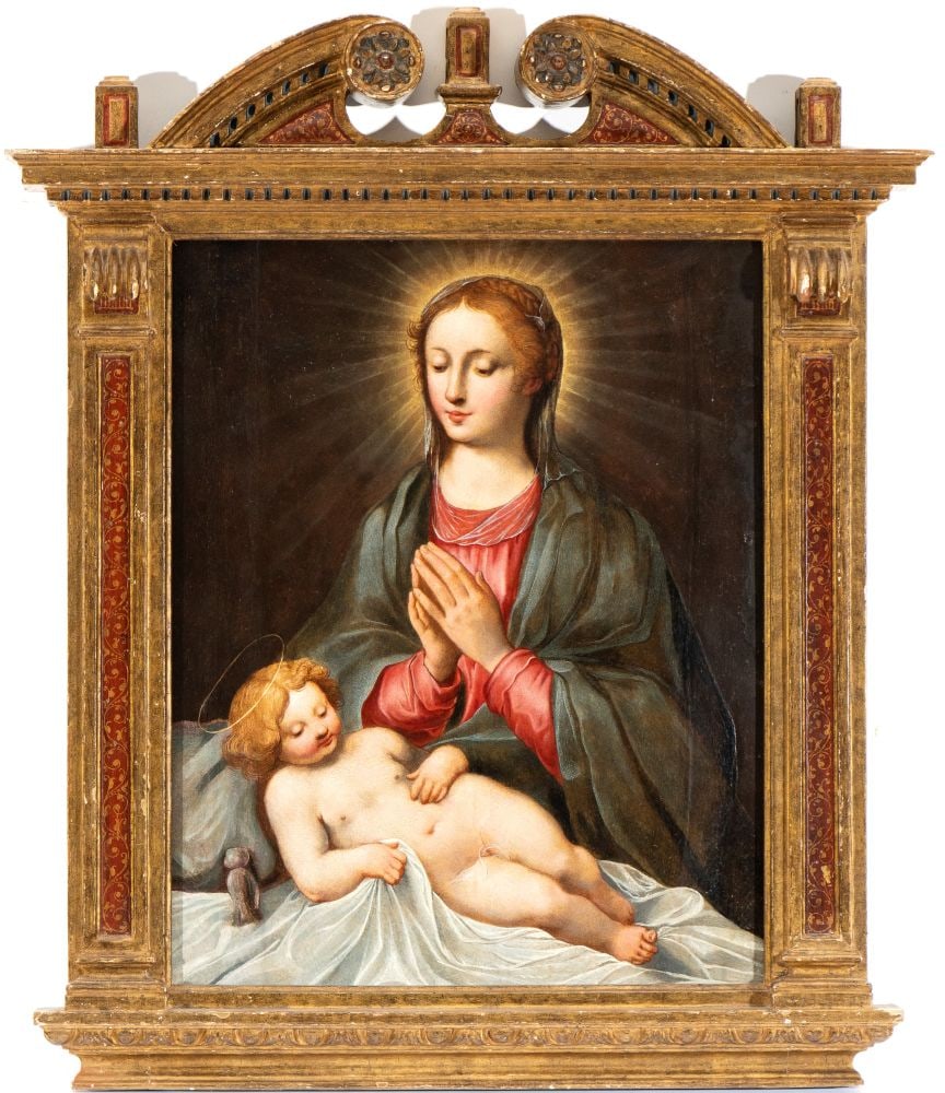 Francesco Vanni (ambito di) Adoration of the Christ Child: Oil on panel cm. 59x48. With tabernacle frameThis fine panel painting constitutes a rather interesting attributive case. The work shows an obvious iconographic and compositional relationship with the
