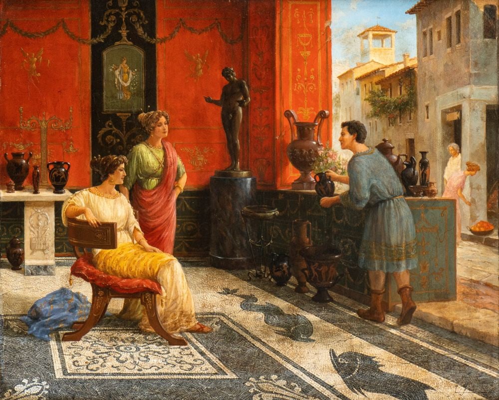 Edoardo Ettore Forti Pompeian scene: Oil on canvas cm. 59,5x73. FramedThe painting bears the date and signature at lower right: "E. FORTI / ROMA".