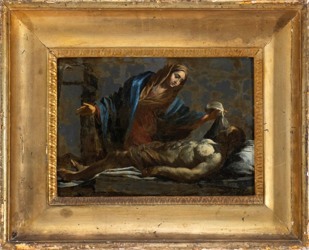 Artista attivo a Napoli, met? XVII secolo Our Lady of Piety: Oil on slate 19,5x26. FramedThe painting is closely derived, with minor variations, from the etching made in 1644 by Michel Dorigny from an invention by Simon Vouet.?The engraving bears in the lower l