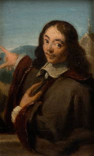 Philippe de Champaigne (seguace di) a) Portrait of Franois Mansart; b) Portrait of Claude Perrault.: Oil on panel cm. 12,5x8 each. FramedThis pair of small paintings is derived from the Double Portrait of the architects Franois Mansart and Claude Perrault generally attributed to Philippe de Champaign