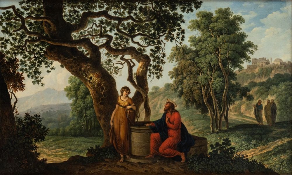 Carlo Labruzzi Christ and the Woman of Samaria: Oil on canvas cm. 54x88. FramedThe painting is accompanied by a critical statement by Prof. Pier Andrea De Rosa.The painting bears a monogram and date in the bottom left-hand corner on the stone where