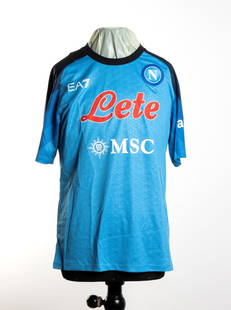 Football, Italy, S.S.C. NAPLES, Di Lorenzo shirt: EA7 match shirt, short sleeves, 2022/23 season, worn. On the LETE and MSC commercial brand front, Società Sportiva Napoli "N" patch, EA7 brand. Serie A TIM patch on the right sleeve. AMAZON logo