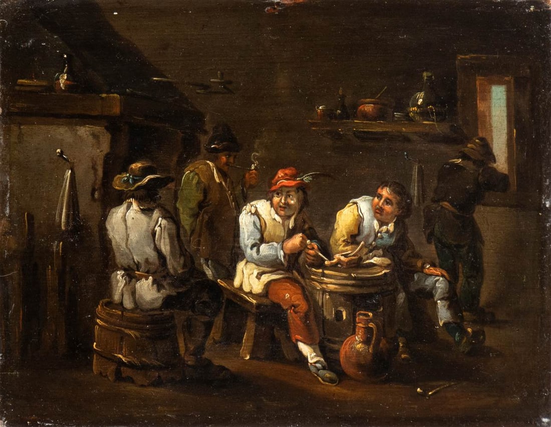 Artista fiammingo, XVIII secolo Interior of tavern with pipe smokers: Oil on panel Panel cm. 25,5x33