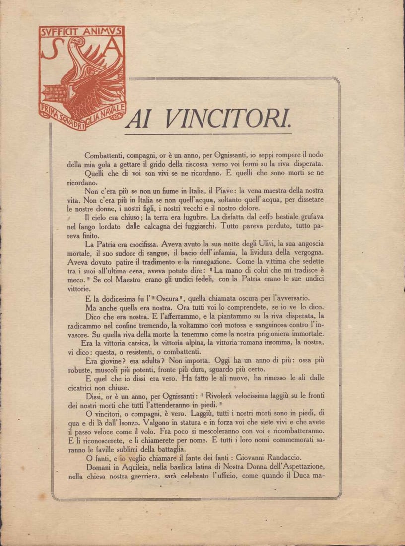 Dannunziana - proclama "Ai vincitori... Ognissanti, 1918" (1 of 2)
