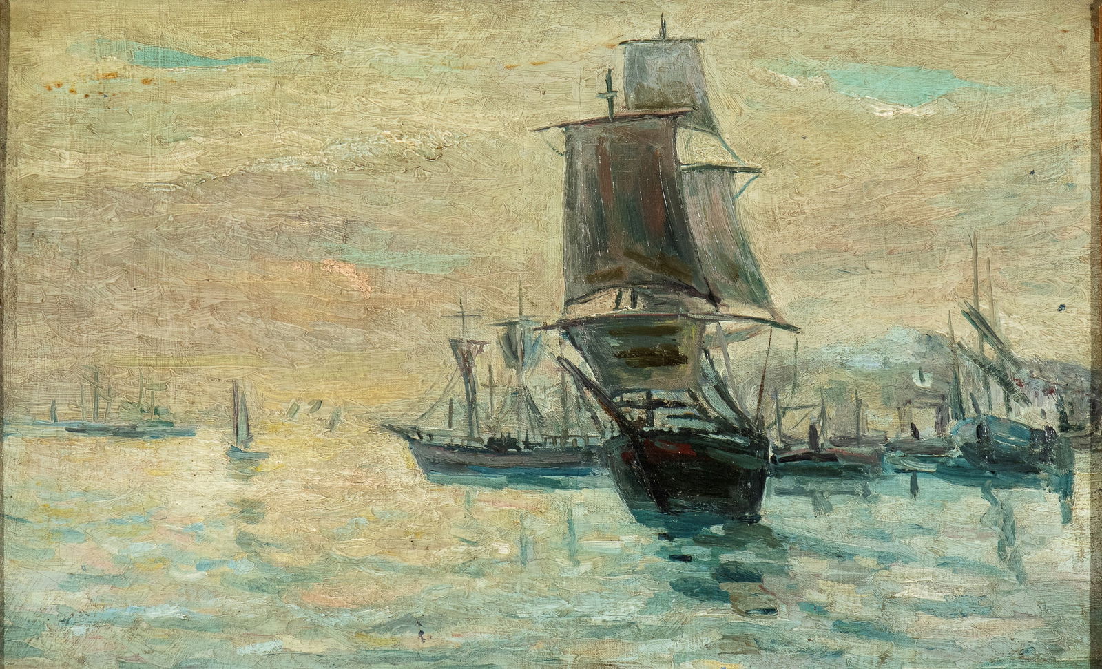 ANTONIO CORPORA (Tunisi 1909-Roma 2004) Velieri a la goulette: Velieri a la goulette 1928 Oil on canvas 38 x 61,5 cm Signed on the back: Corpora Authentication on photograph by Archivio Antonio Corpora of Giovanni Di Summa dated 2nd December 2008; Authentication