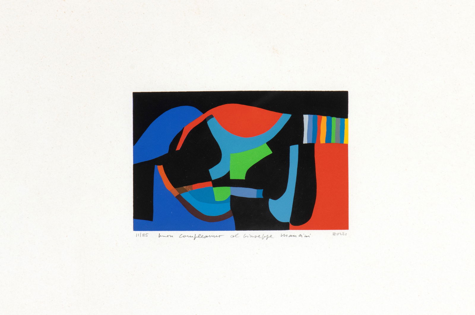 ALBERTO BURRI (Città di Castello 1915-Nizza 1995) Untitled: Untitled 1983 Coloured silkscreen 9,3 x 14,4 cm (35 x 43 cm, paper) Signed with pencil lower right: Burri, ed. lower left: 11/85, dedication written with pencil in the middle: Buon compleanno al Giuse