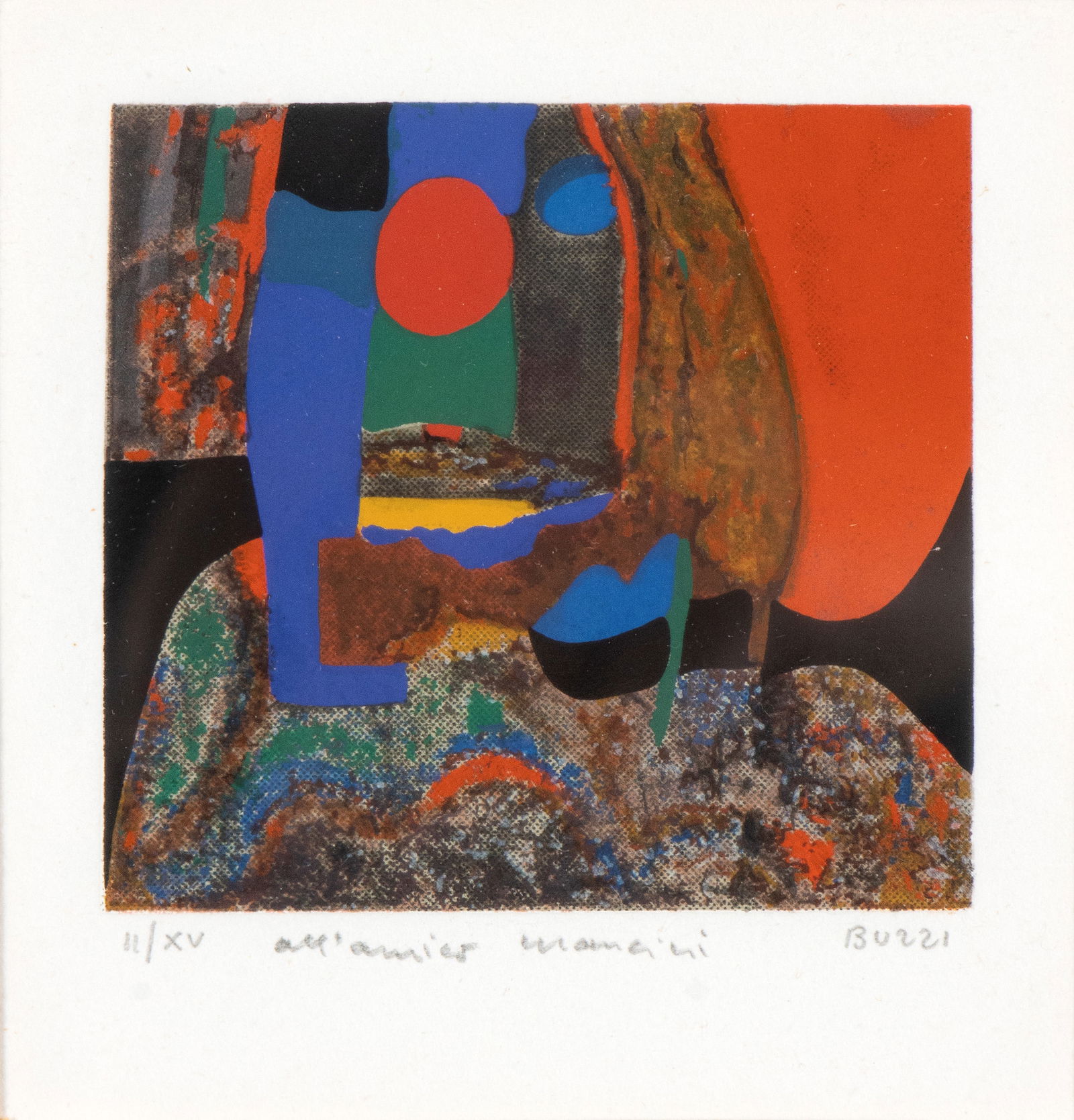 ALBERTO BURRI (Città di Castello 1915-Nizza 1995) Untitled: Untitled 1981 Coloured silkscreen 6,9 x 7,3 cm (32 x 24,5 cm, sheet)) Signed with pencil lower right: Burri, ed. lower left: II/XV, dedication written with pencil in the middle: all'amico Mancini M. C