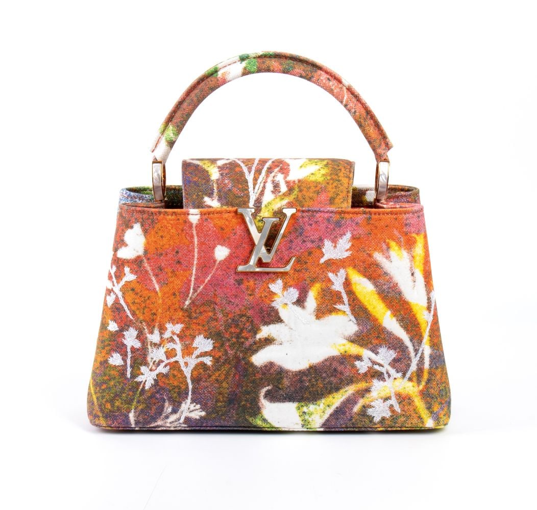 Louis Vuitton Arty Capucines by Sam Falls, 2019: Louis Vuitton Arty Capucines by Sam Falls Limited Edition 2019, the bag is made of a laser- printed jacquard fabric, features exclusive embroidery with mother- of pearl details, with dustbag and box.