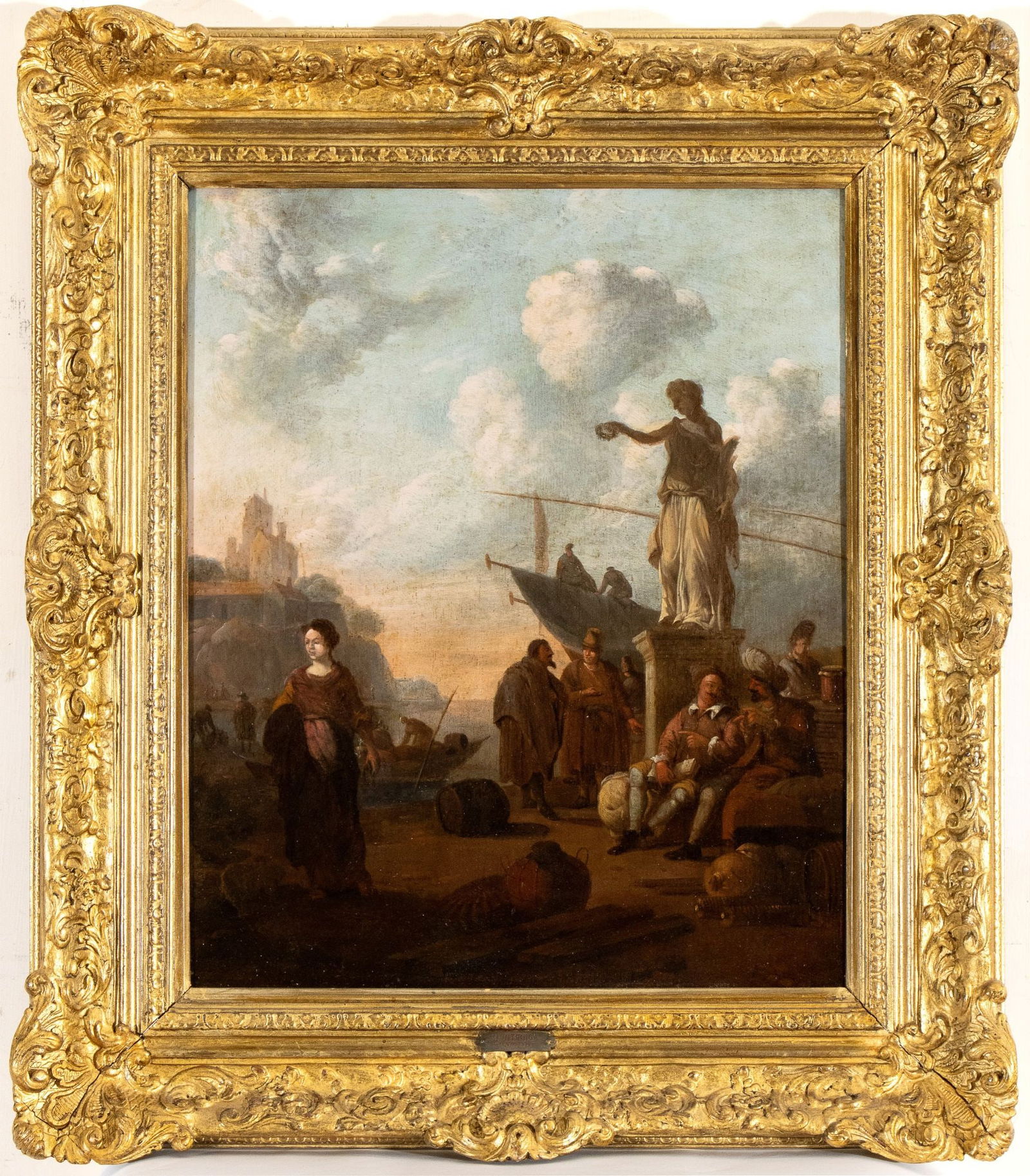 Scena portuale con statua, figure e imbarcazioni: Wigerus Vitringa (attribuito a) (1657-1725) Port scene with statue, figures and boats Oil on panel cm. 45x36. Framed