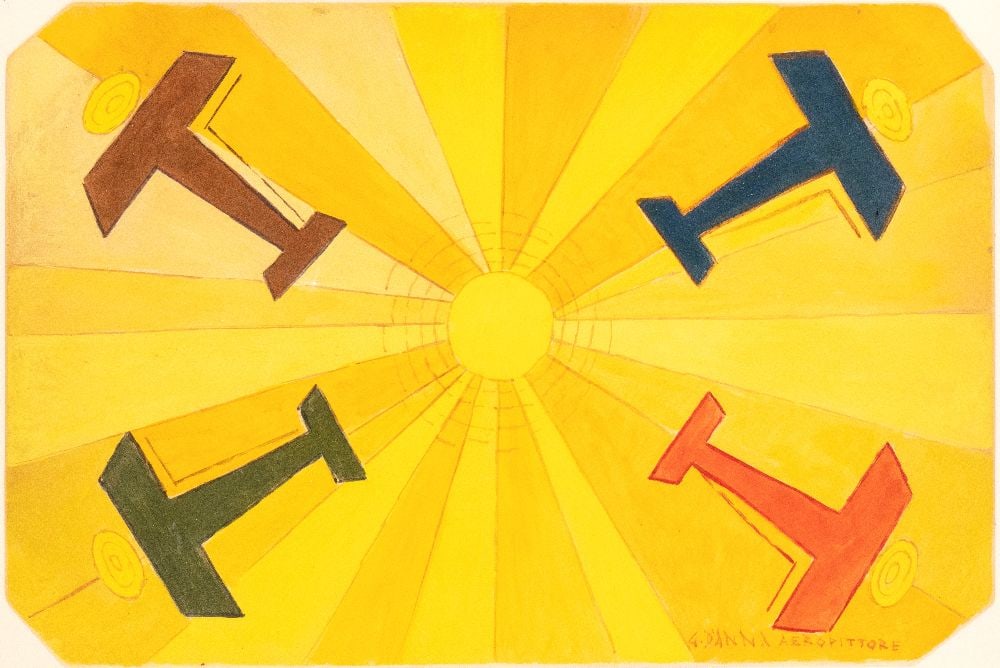 GIULIO D'ANNA (Villarosa 1908-Messina 1978), Acrobazie di aerei Caproni: GIULIO D'ANNA (Villarosa 1908-Messina 1978)Acrobazie di aerei Caproni1935 ca.Tempera on cardboard34 x 50 cmSigned lower right: G. D'Anna, AeropittoreAuthentication on photograph by Archivio Storico Fu