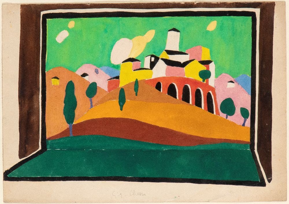 GIGI CHESSA (Torino 1898-1935), Study for theatrical scenography: GIGI CHESSA (Torino 1898-1935) Study for theatrical scenography 1930s Tempera on paper 25,5 x 36 cm Signed lower centre: Gigi Chessa Good conditions, framed with glass and passepartout; folding of the