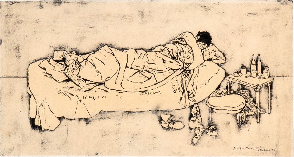 RENZO VESPIGNANI (Roma 1924-2001), Il pittore Muccini malato: RENZO VESPIGNANI (Roma 1924-2001)Il pittore Muccini malato1949China on paper15,5 x 47 cmSigned and dated lower right: Vespignani, 1949Excellent conditions, framed with glass