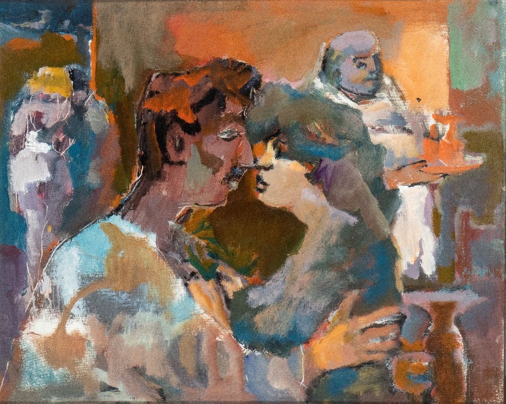 MINO MACCARI (Siena 1898-Roma 1989), Couple: MINO MACCARI (Siena 1898-Roma 1989)Couple1960Oil on canvas applied on cardboard40 x 50 cmSigned and dated lower left: Maccari, 60Excellent conditions, framed with glass