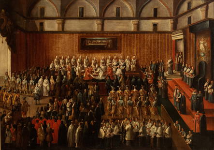 Pier Leone Ghezzi (ambito di) Ceremony of the Washing of the Feet before the Missa in Coena Domini: Oil on canvas cm. 122x170. Framed