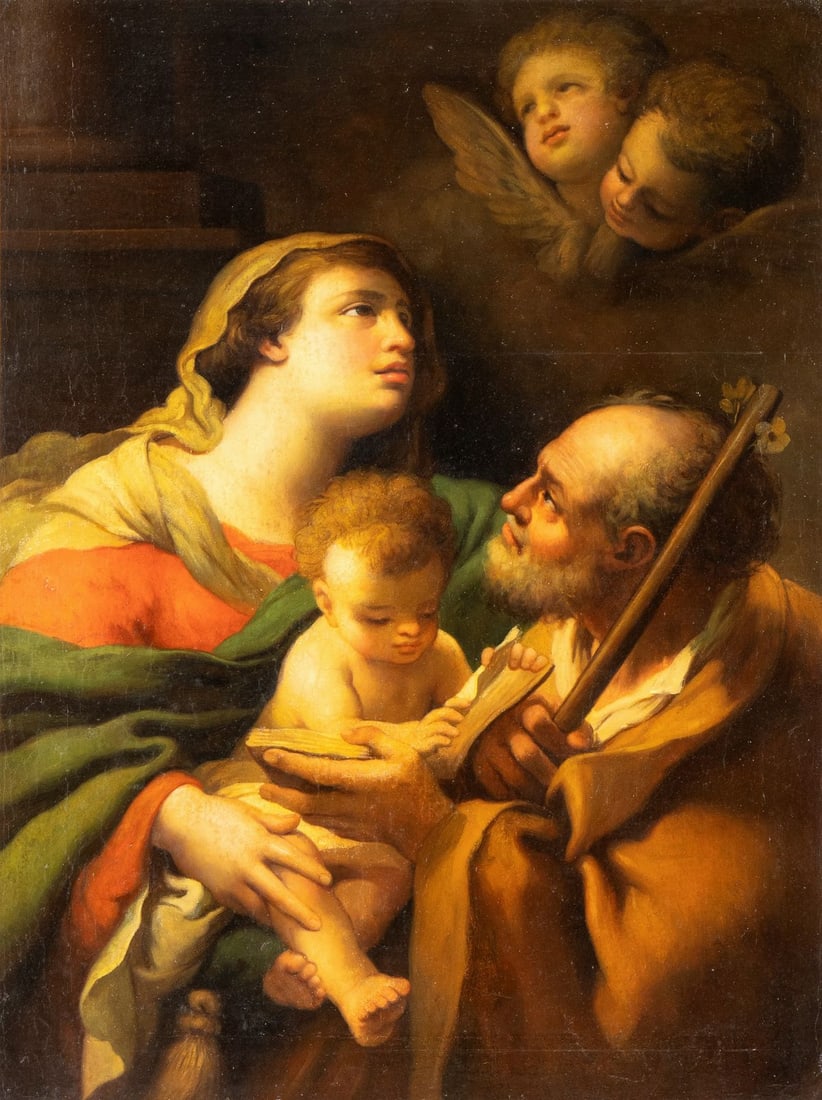 Mauro Gandolfi (attribuito a) The Holy Family with Angels: Oil on canvas cm. 69x52.The composition is closely related to a work of similar subject by Gaetano Gandolfi now in the Cleveland Museum of Art.