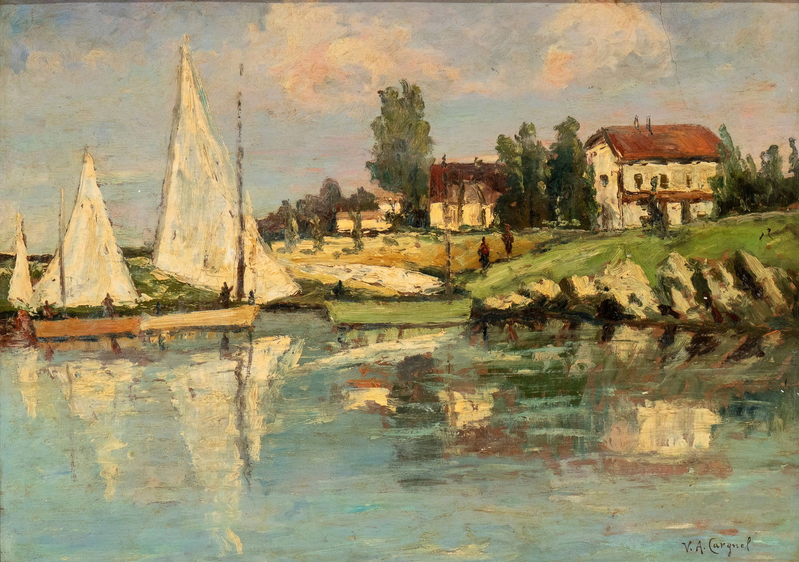 VITTORE ANTONIO CARGNEL (Venezia 1872 - 1931) Boats at the pier: VITTORE ANTONIO CARGNEL (Venezia 1872 - 1931) Boats at the pier Oil on cardboard 50 x 70 cm Signed lower right: V. A. Cargnel Excellent conditions, framed without glass. Little rip upper right