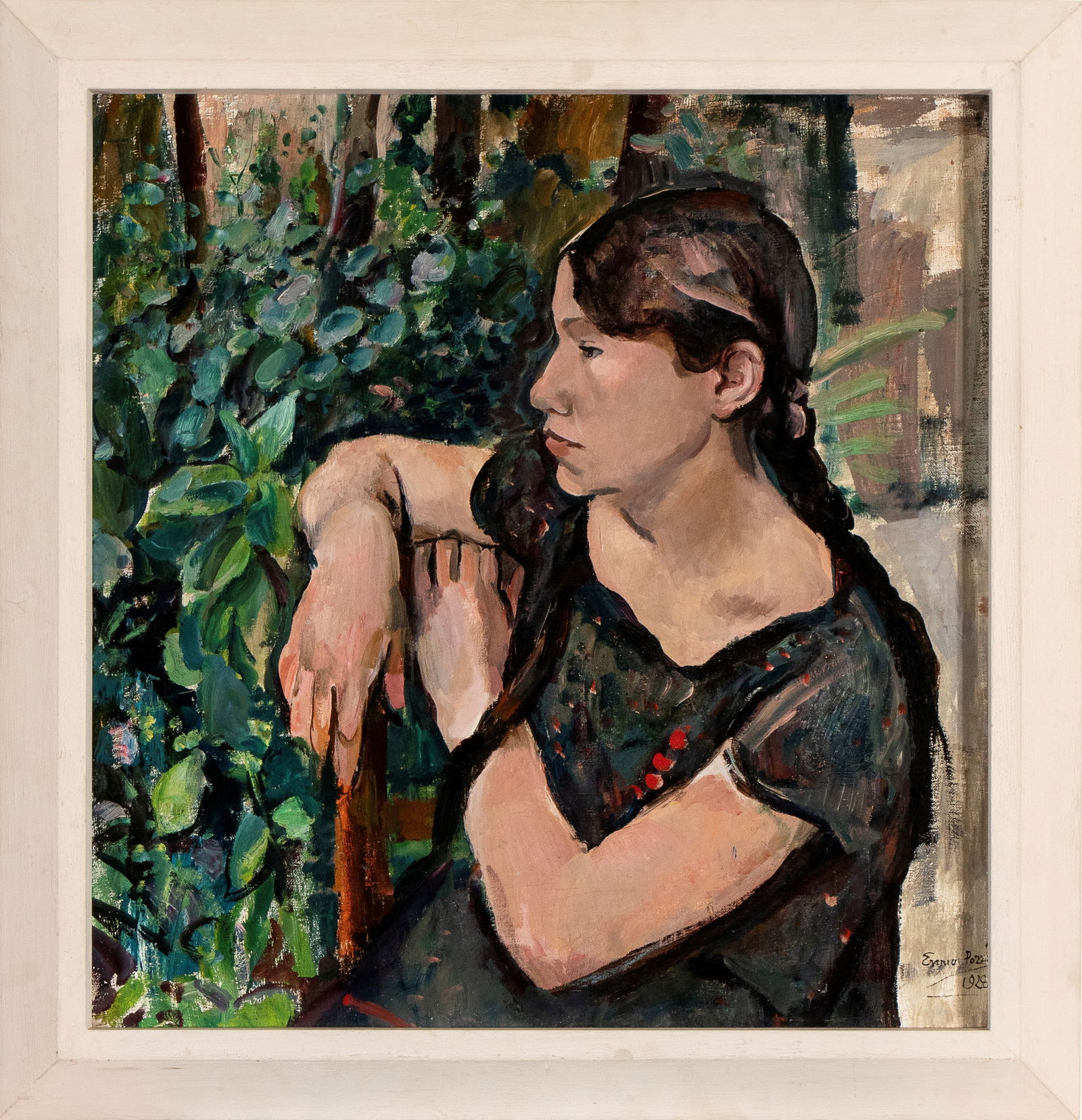 ENNIO POZZI (Sesto Fiorentino 1893 - 1972) Young Tuscan lady: ENNIO POZZI (Sesto Fiorentino 1893 - 1972) Young Tuscan lady 1928 Oil on canvas 71 x 67 cm Signed and dated lower right: Ennio Pozzi, 1928 Excellent conditions, framed without glass.