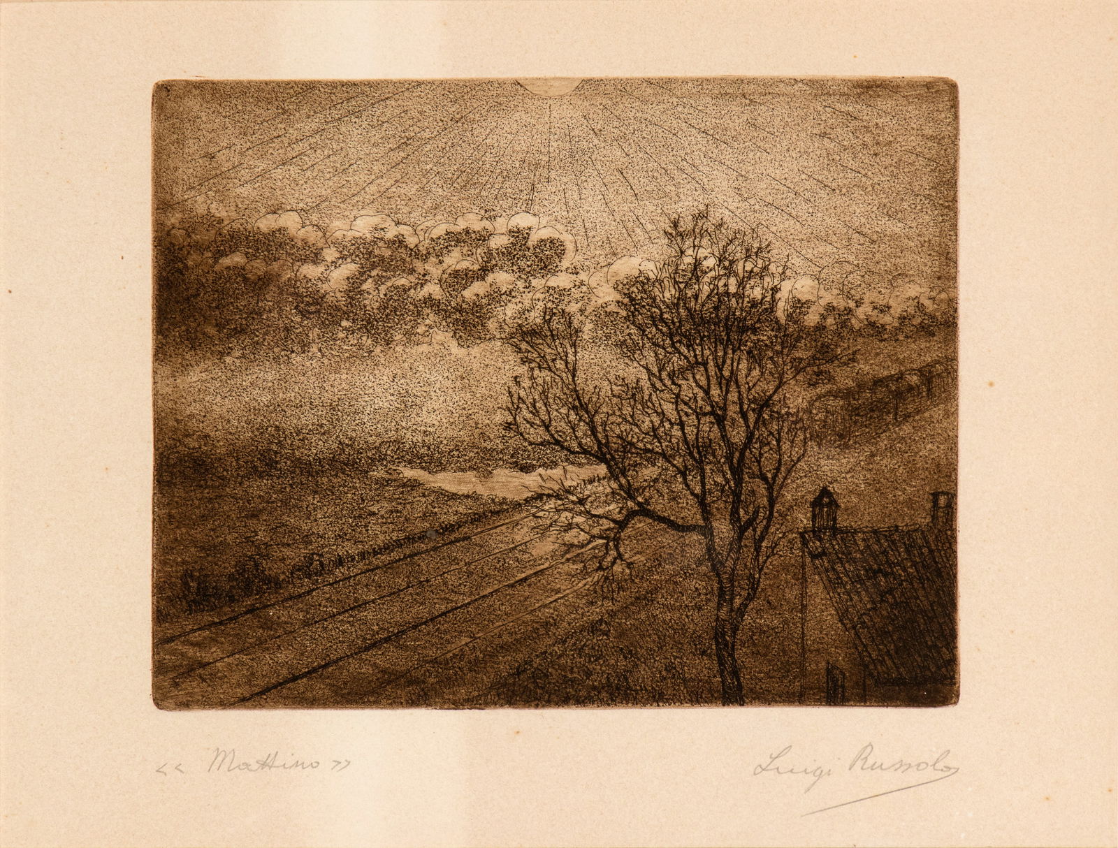 LUIGI RUSSOLO (Portogruaro 1885 - Cerro di Laveno 1947) Mattino: LUIGI RUSSOLO (Portogruaro 1885 - Cerro di Laveno 1947) Mattino Etching Plate: 25,5 cm x 20 cm / Sheet: 33 x 43 cm Signed lower right: Luigi Russolo; title lower left: Mattino XXXI Venice Biennale, 19