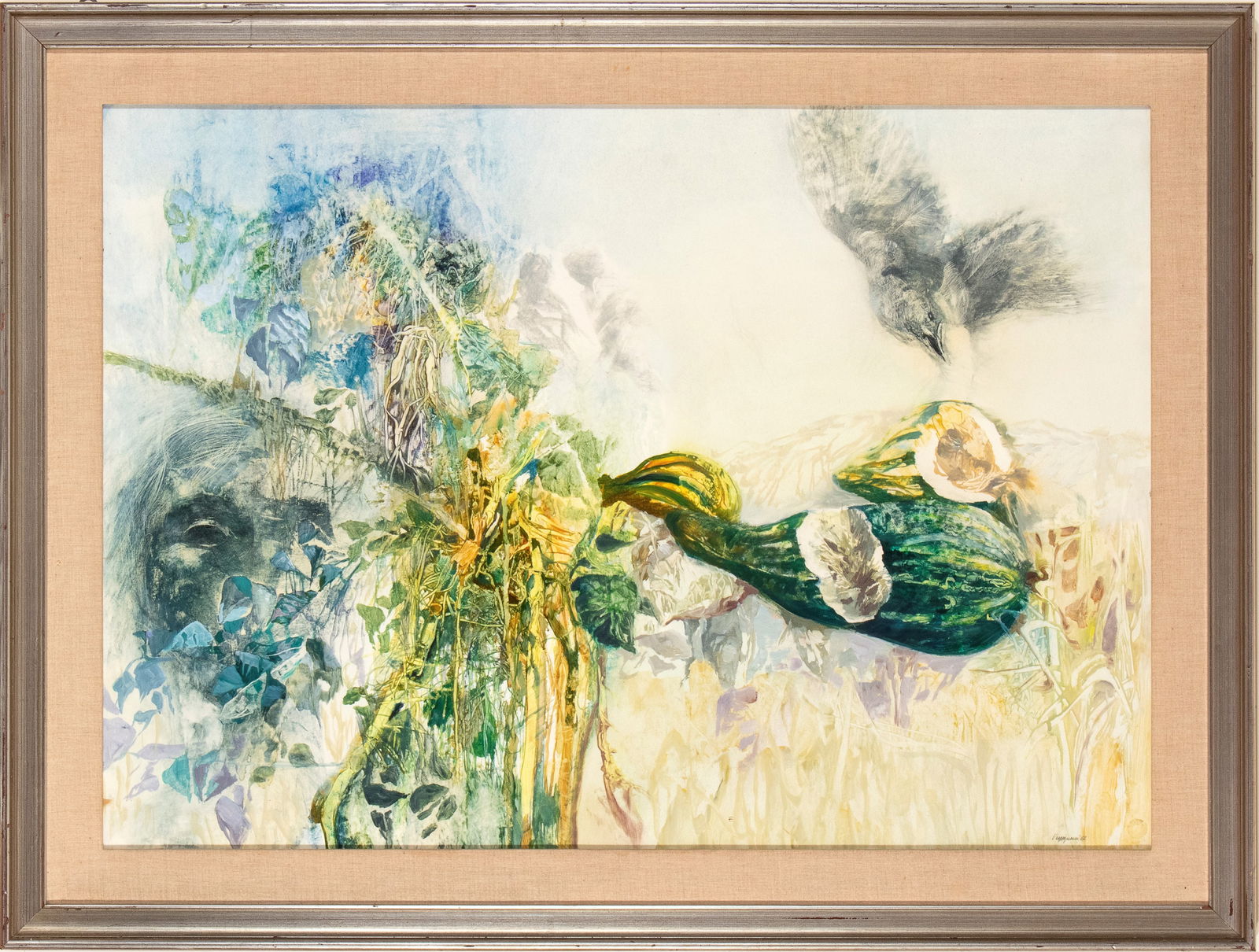 RENZO VESPIGNANI (Roma 1924 - 2001) Vegetation with pumpkins: RENZO VESPIGNANI (Roma 1924 - 2001) Vegetation with pumpkins 1967 Mixed technique on paper 72 x 100 cm Signed and dated lower right: Vespignani, 67. Label of the VII Rassegna Pisana di arti figurative