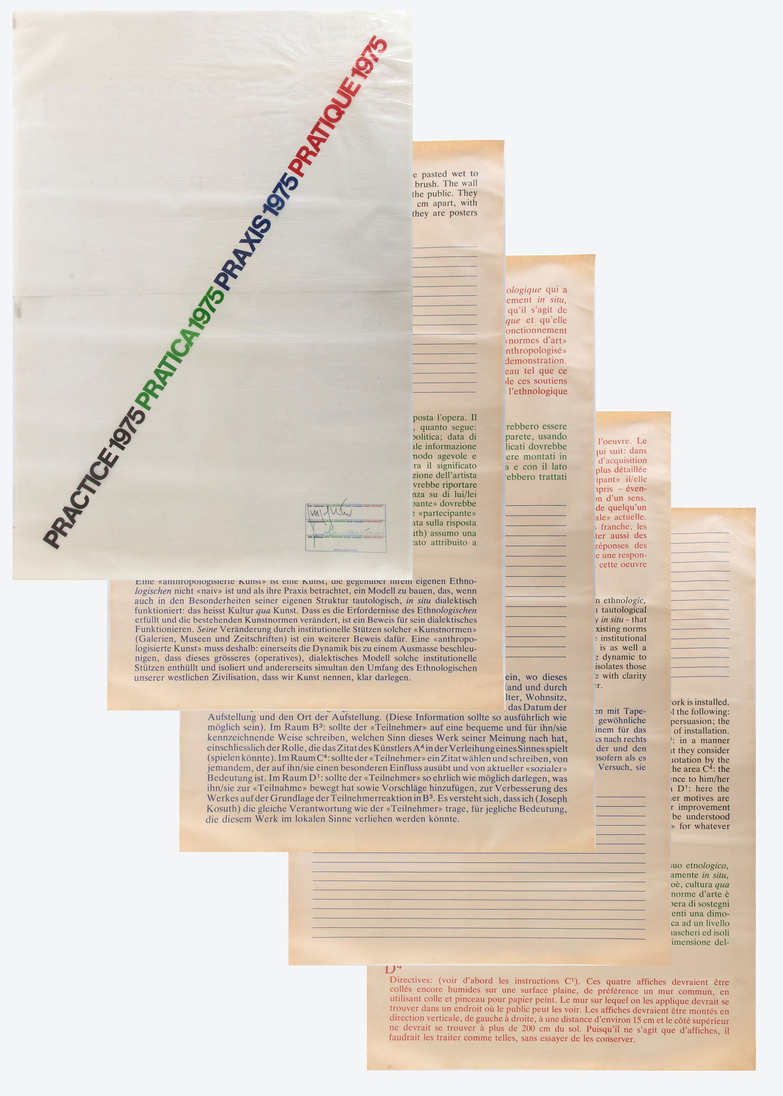 JOSEPH KOSUTH (Toledo, Ohio, Stati Uniti 1945) Practice (n. 5 sheets): JOSEPH KOSUTH (Toledo, Ohio, Stati Uniti 1945) Practice (n. 5 sheets) 1975 Silkscreen 100 x 70 cm Signature and edition lower right. Publisher: Pio Monti, Rome Excellent conditions