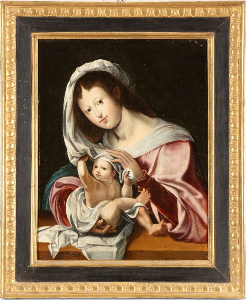 Jan Gossaert il Mabuse (seguace di) Virgin with Child: Jan Gossaert il Mabuse (seguace di) Virgin with Child 17th Century Oil on panel cm. 60x46. FramedThe painting bears an illegible inscription in the bottom right-hand corner.