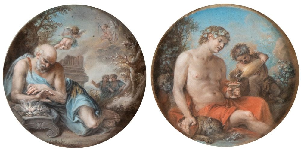 Guillaume Courtois il Borgognone (attribuito a): Guillaume Courtois il Borgognone (attribuito a) a) Roman Virtue (Muzio Scevola); b) Bacchus. Pair of paintings Tempera on cardboard, cm. 15,3x20,5. Framed Ø cm. 26 each. Framed