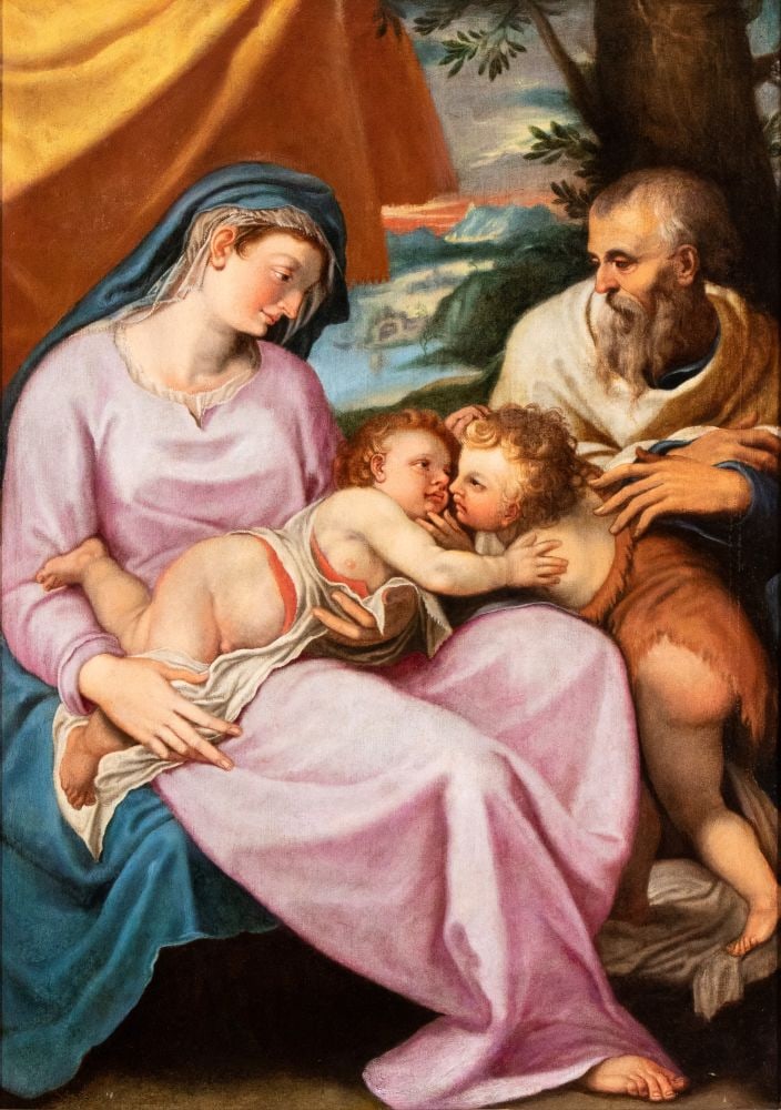 Girolamo Muziano (attribuito a) Holy Family with St John the Baptist Oil on canvas cm. 113x80.: Girolamo Muziano (attribuito a) Holy Family with St John the Baptist Oil on canvas cm. 113x80. FramedThe painting bears a cartouche on the back with a pen inscription: "SCUOLA DEL PARMIG[...] / DA CAP