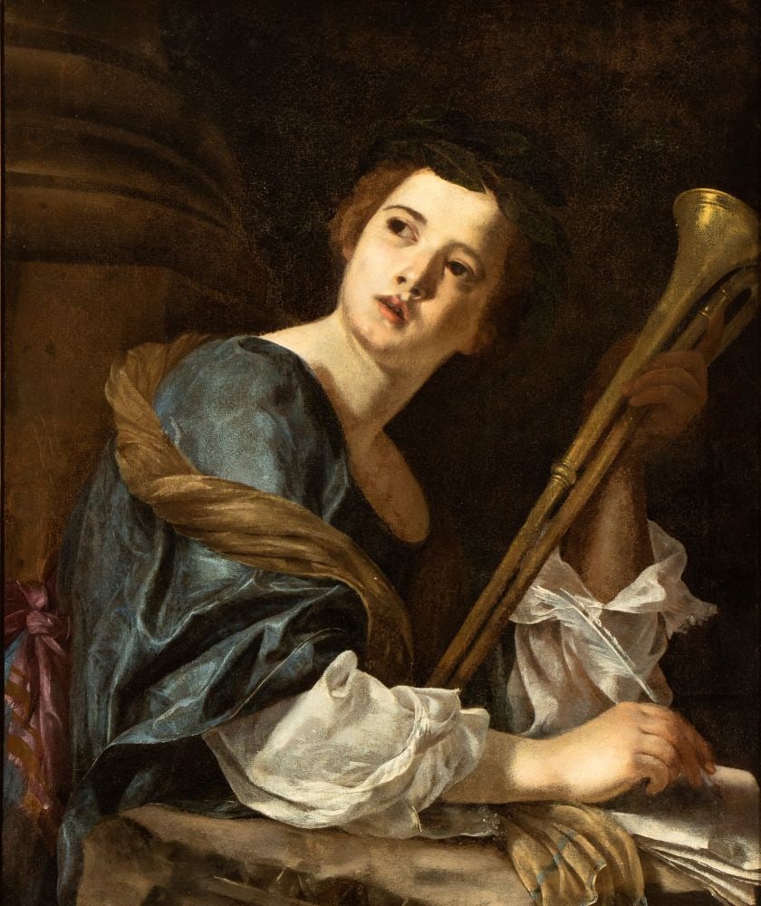 Bernardo Cavallino (attribuito a) Allegory of Music or The Euterpre Muse Oil on canvas cm. 98x73.: Bernardo Cavallino (attribuito a) Allegory of Music or The Euterpre Muse Oil on canvas cm. 98x73. FramedThe painting was attributed to Bernardo Cavallino by Prof. Nicola Spinosa on the bases of photog