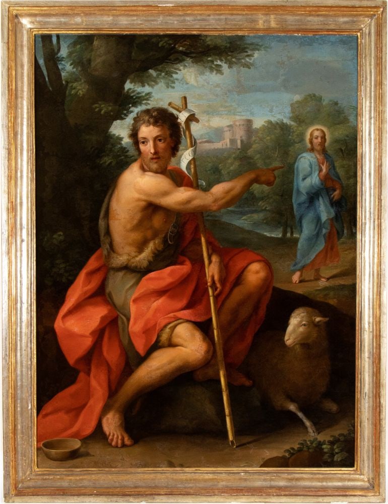 Placido Costanzi Saint John the Baptist points to Christ as the Lamb of God Olio su tela cm.: Placido Costanzi Saint John the Baptist points to Christ as the Lamb of God Olio su tela cm. 183x137. FramedForte del suo decennale periodo di apprendistato, diviso a metà fra Francesco Trevisani