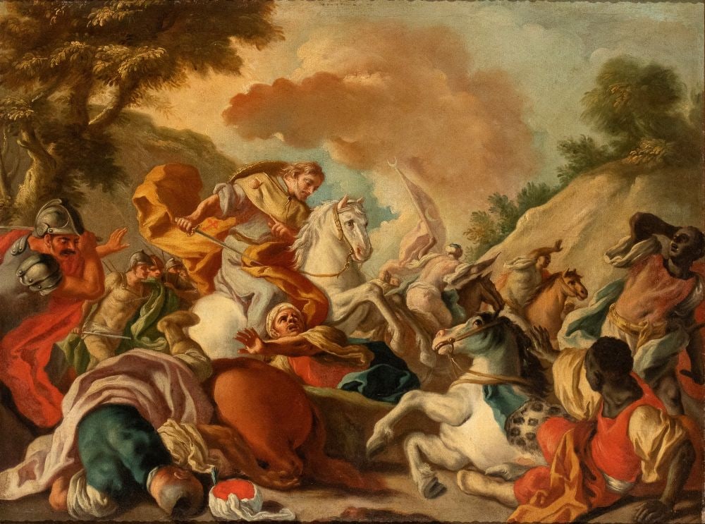 Francesco de Mura (attribuito a) Saint James the Moor-slayer in the Clavijo battle Oil on canvas: Francesco de Mura (attribuito a) Saint James the Moor-slayer in the Clavijo battle Oil on canvas cm. 76x102. FramedSecondo la tradizione, il 23 maggio 844 si svolse la battaglia di Clavijo, nella qual