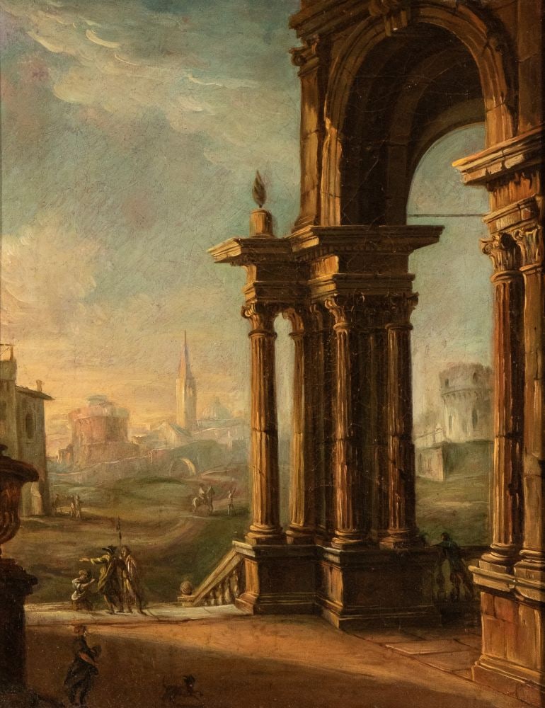 Gherardo Poli (attribuito a) Architectural capriccio with portico and figures   Oil on canvas cm. (1 of 3)