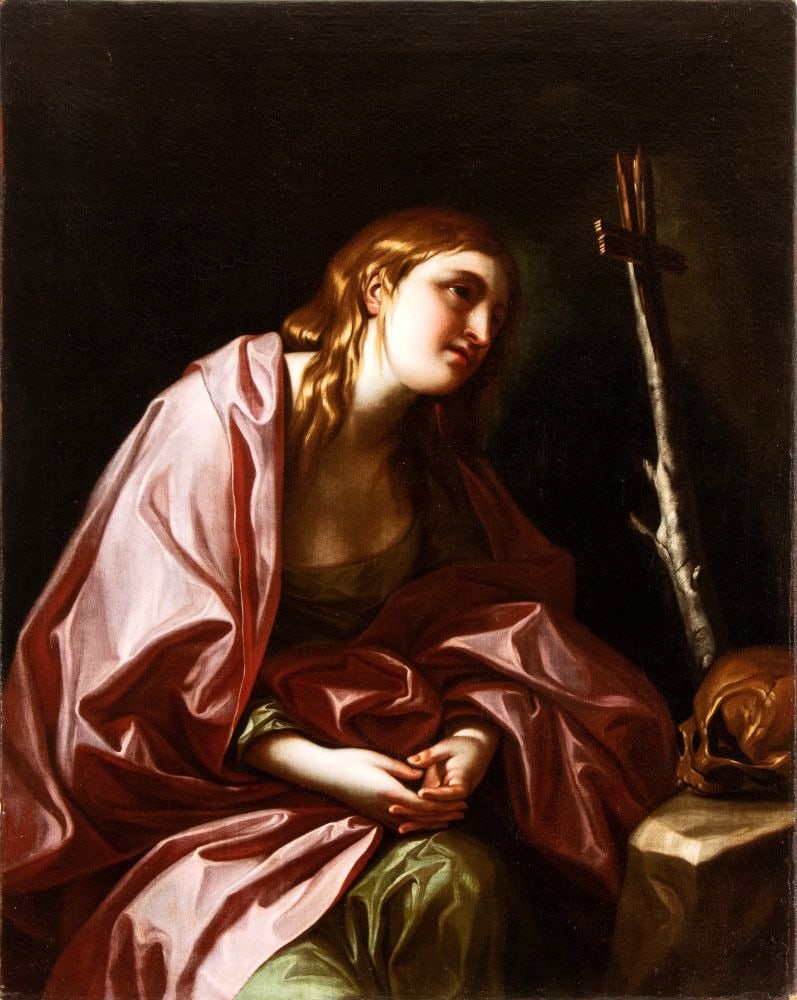 Anton Raphael Mengs (bottega di) Penitent Magdalene Oil on canvas cm. 111,5x88,5The painting is a: Anton Raphael Mengs (bottega di) Penitent Magdalene Oil on canvas cm. 111,5x88,5The painting is a remarkable contemporary replica of the Penitent Magdalene preserved at the Prado Museum in Madrid, one
