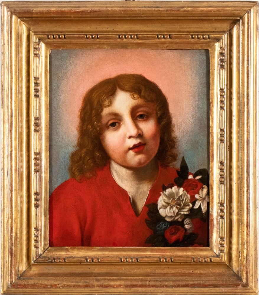 Onorio Marinari (attribuito a) Infant Jesus with a bouquet of flowers Oil on canvas cm. 40x32.: Onorio Marinari (attribuito a) Infant Jesus with a bouquet of flowers Oil on canvas cm. 40x32. Framed