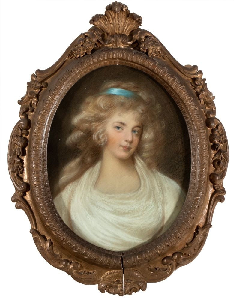 Rosalba Carriera (seguace di) Portrait of a lady with a blue ribbon in her hair Late 18th - Early: Rosalba Carriera (seguace di) Portrait of a lady with a blue ribbon in her hair Late 18th - Early 19th century Chalk on paper cm. 60x48. Framed